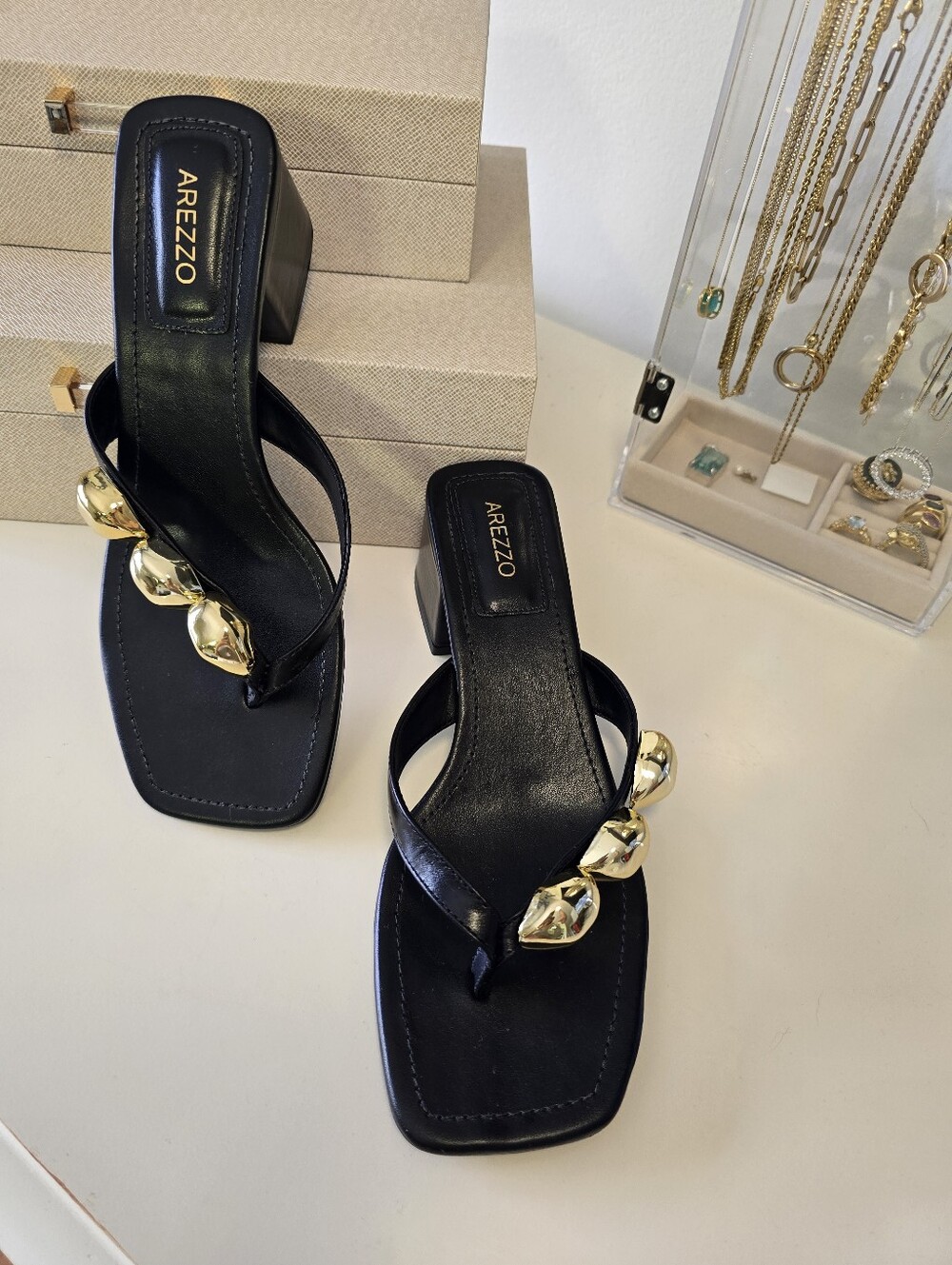 New, Never Worn - Arezzo Black Block Heel Sandals with Gold Detail